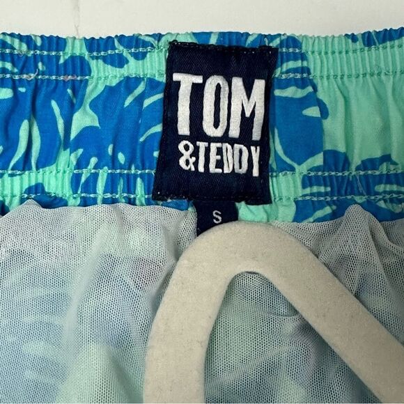 TOM&TEDDY Men’s Leaf Print turquoise and navy swim trunks sz S 5in seam - Picture 4 of 7